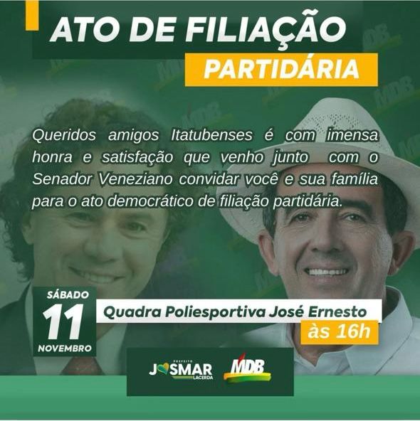 ​Veneziano convida população de Itatuba para filiação do prefeito Josmar ao MDB neste sábado: “fortalece ainda mais a legenda”